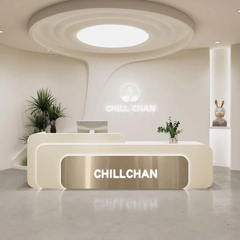 Home Office Tienda - Mostradores de recepción blancos en forma
